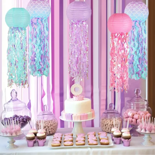 Miniatura 5 de Decoraciones de cumpleaños de sirena, linternas de papel de medusas rosadas lavanda azul, escamas de sirena colgantes en forma de linterna
