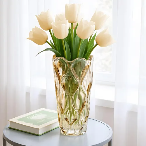 Miniatura 3 de Florero de cristal ámbar grueso para ramo, florero de vidrio bohemio pesado de 9.5 pulgadas de alto para flores, centros de mesa, mesa de comedor