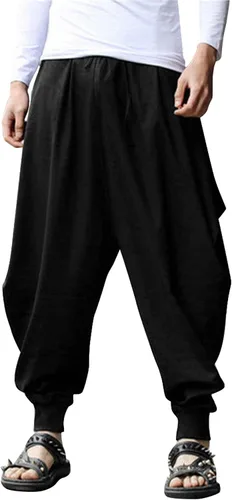 COOFANDY Pantalones de harén hippie para hombre, holgados, de lino, bohemio, para yoga, casual, con entrepierna caída, pantalones