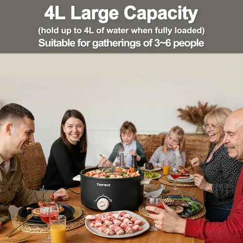 Miniatura 2 de TopWit Olla Eléctrica Hot Pot, Olla Eléctrica de 4L con Revestimiento Antiadherente, Cocina Eléctrica de Doble Alimentación para Freír en Profundo
