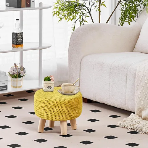 Miniatura 2 de Wimarsbon Otomanas pequeñas, puf 100% tejido a mano, reposapiés redondo con 4 patas de madera antideslizantes, puf de cuerda de algodón de Amarillo