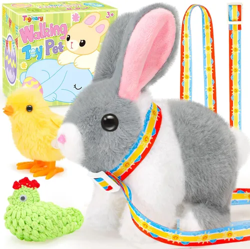 Conejo de peluche Tagitary para niños, conejo interactivo realista de Pascua con correa, huevo dorado y juguete de cuerda, que salta, orejas Rosa