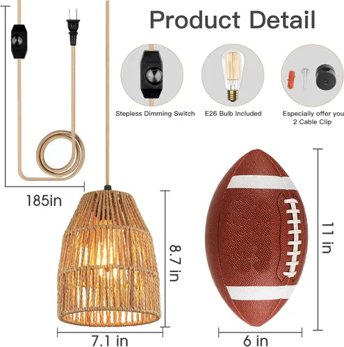 Miniatura 2 de Lámpara colgante enchufable, luces colgantes con cable de algodón dorado de 15 pies e interruptor de atenuación continuo, pantalla de cuerda