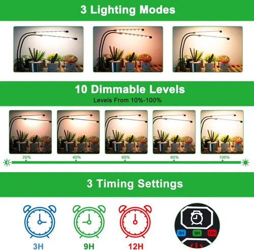Miniatura 4 de SDOVUERC Luces de cultivo para plantas de interior, lámparas LED de espectro completo de 4 cabezales con clips y cables de 10 pies para cultivo