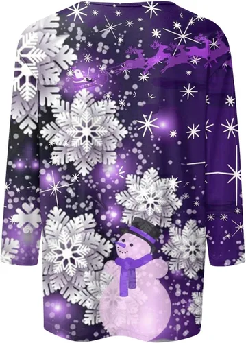 Miniatura 4 de Christmas Top for Women Dressy 34 Sleeves Graphic Printed T-Shirt Snowflake Tee O-Neck Outdoor Tshirts Flowy Blouses