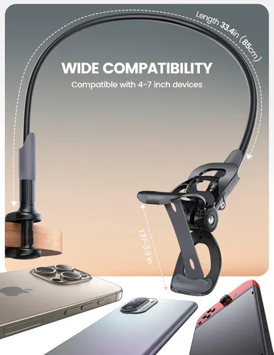 Miniatura 5 de Lamicall Soporte para teléfono con cuello de cisne para cama, clip de abrazadera de montaje para teléfono celular, brazo largo flexible, montaje
