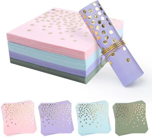 Miniatura 12 de Paquete de 80 servilletas de cóctel de papel negro con confeti de lunares de lámina dorada, suministros de fiesta de lunares (5 x 5 in, 3 capas)