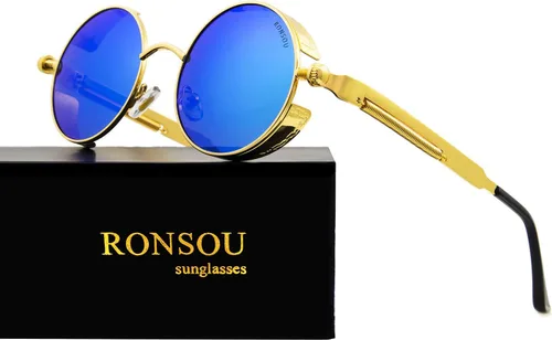 Miniatura 2 de RONSOU - Lentes de sol polarizados estilo steampunk redondas y vintage, con protección UV400, con marco