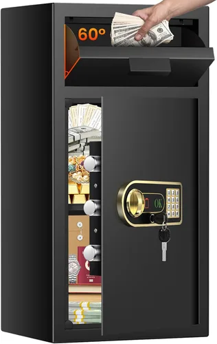 Miniatura 12 de Caja fuerte de 2.8 pulgadas cúbicas para negocios, con ranura antirrobo para dinero con cerradura de combinación digital y llaves de repuesto, caja