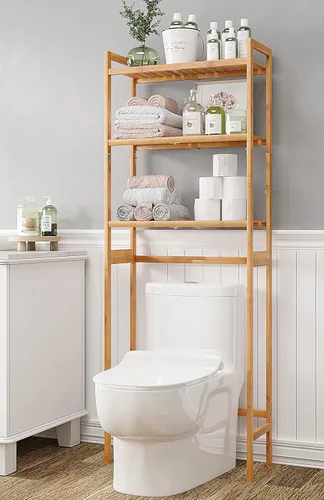 Miniatura 9 de AMBIRD Almacenamiento sobre el inodoro, organizador de baño de 3 niveles sobre el inodoro con estantes de bambú resistentes, estante de inodoro