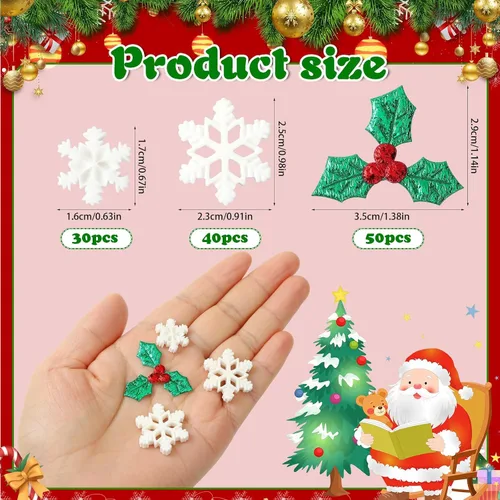 Miniatura 2 de JUNEBRUSHS 120 Piezas de Decoraciones Navideñas de Resina en Miniatura, Mini Copos de Nieve de Resina Hojas de Acebo Bayas, Adorno Navideño