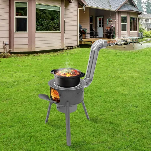 Miniatura 4 de Estufa de cohete portátil de leña con tubo de chimenea, estufa de camping de acero resistente con parrilla para calefacción de tienda de campaña