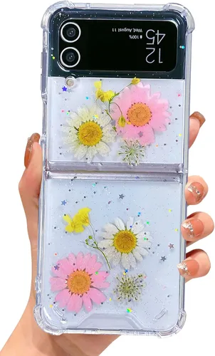 Miniatura 12 de Abbery Funda transparente para Samsung Galaxy Z Flip 3 5G, transparente y con diseño de purpurina bonita con purpurina floral prensada de Rosa