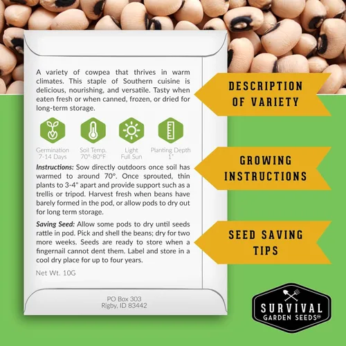 Miniatura 2 de Survival Garden Seeds Paquete de 2 semillas de guisantes de ojos negros para plantar, 2 paquetes de semillas con instrucciones para cultivar