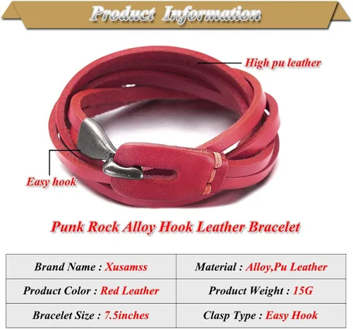 Miniatura 2 de Xusamss Punk Rock Metal Easy Hook pulsera de cuero brazalete de cuero,7.5" muñeca
