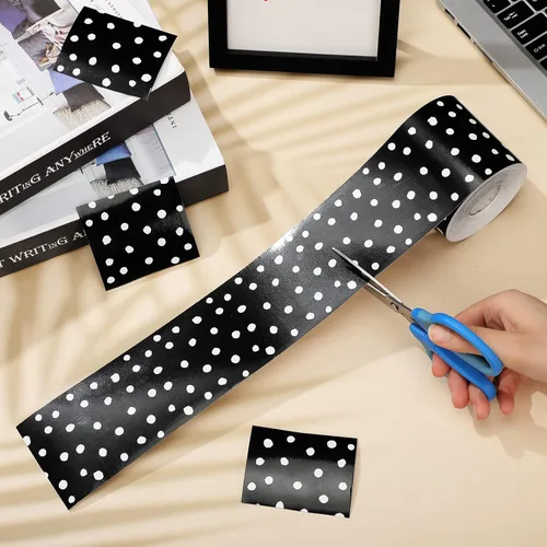 Miniatura 4 de Zonon Bordes de tablón de anuncios de 65 pies con lunares en blanco y negro, rayas, cuadrícula, bordes decorativos rectos, festoneados, ondulados