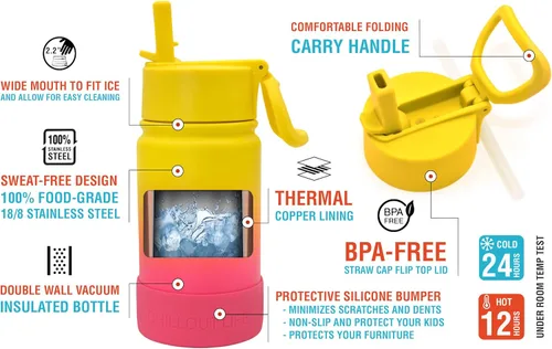 Miniatura 3 de CHILLOUT LIFE Botella de agua aislada para niños de 12 onzas para la escuela con tapa con pajilla, a prueba de fugas y bonitas calcomanías Nectarina
