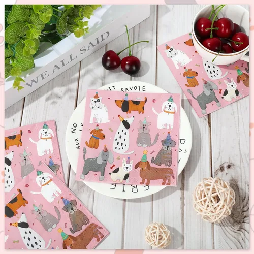 Miniatura 4 de JarThenaAMCS 100 hojas de servilletas de fiesta para perros, servilletas de papel de cóctel rosadas para cachorros, servilletas desechables