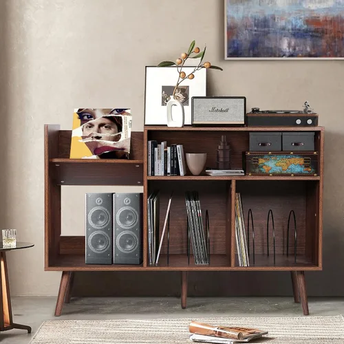 Miniatura 7 de QHITTY Soporte para tocadiscos, mesa moderna de mediados de siglo con patas de madera, soporte giratorio para discos con capacidad para hasta 300