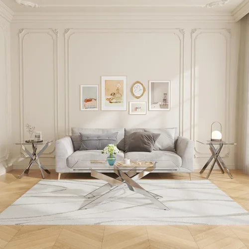 Miniatura 13 de Mesa de centro de cristal de 47 pulgadas con parte superior de vidrio templado y patas de metal dorado, mesa central rectangular moderna para sala