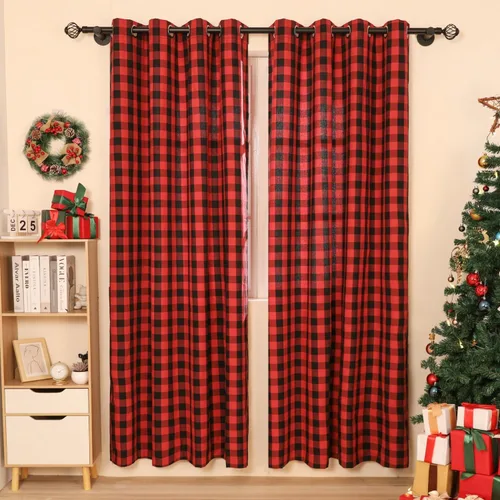 Miniatura 9 de Juego de 2 cortinas tartán escocesas clásicas semi opacas con ojales en la parte superior, lavables a máquina, verde y rojo, 52 pulgadas de ancho x