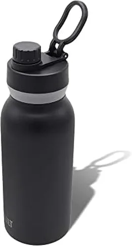 BUILT Botella de acero inoxidable con aislamiento al vacío de doble pared en cascada de boca ancha con tapa para chug, color negro, 32 onzas