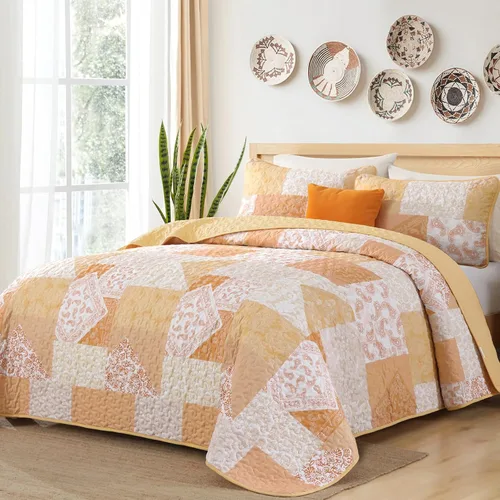 Miniatura 33 de Mybedsoul Juego de edredón bohemio beige tamaño individual, juego de colcha floral a cuadros de 3 piezas, juego de ropa de cama reversible