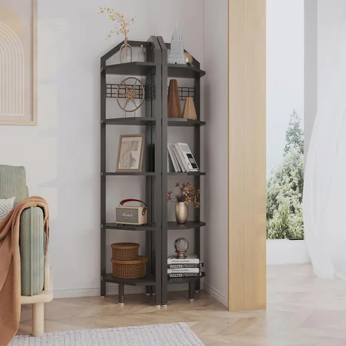 Miniatura 5 de YMYNY UHBR006B - Estante esquinero de pared de 5 niveles, estante de escalera de esquina, marco de metal, estante de exhibición con rejilla de Negro