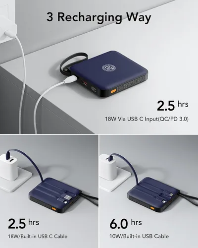 Miniatura 6 de VRURC Cargador portátil USB C para iPhone, banco de energía delgado de 10000 mAh con cables integrados, carga rápida de 22.5 W con pantalla LED