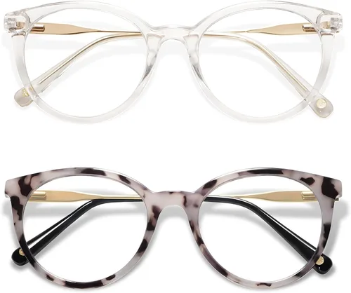 AMOMOMA Anteojos de lectura redondos retro para mujer, lindos y elegantes con bloqueo de luz azul, AM6055, transparente/dorado y gris tortuga/dorado