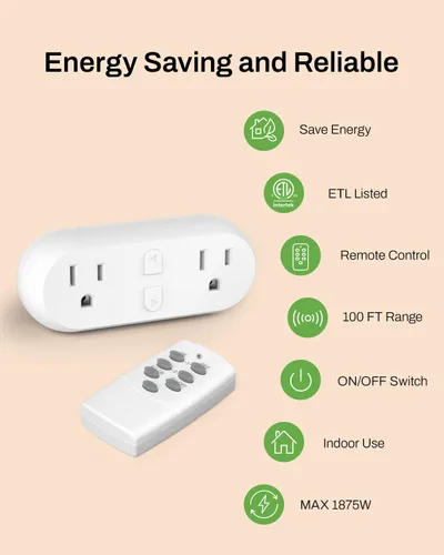 Miniatura 5 de HBN - Enchufe con control remoto inalámbrico con 2 controles de interruptor individuales, enchufes de diseño compacto hasta 100 pies de alcance