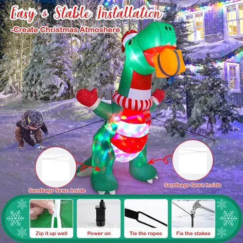 Miniatura 6 de Decoraciones inflables de Navidad de 8 pies para exteriores, dinosaurio inflable de patio con sombrero navideño y caja de regalo, luces LED
