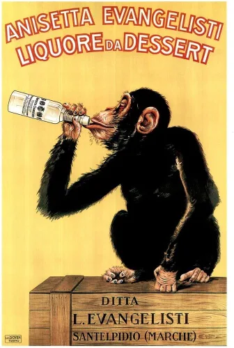 Laminated Anisetta Evangelisti Liquore Da Dessert de Carlo Biscaretti 1925 Publicidad Vintage de Alcohol Licor Italiano Bebida Cartel de Mono