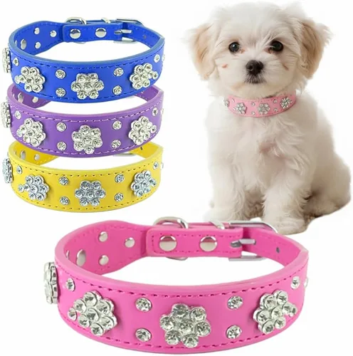 Miniatura 12 de Collar de perro con flores de diamantes de imitación, collar de piel sintética brillante para perros y gatos pequeños, bonito collar de cachorro