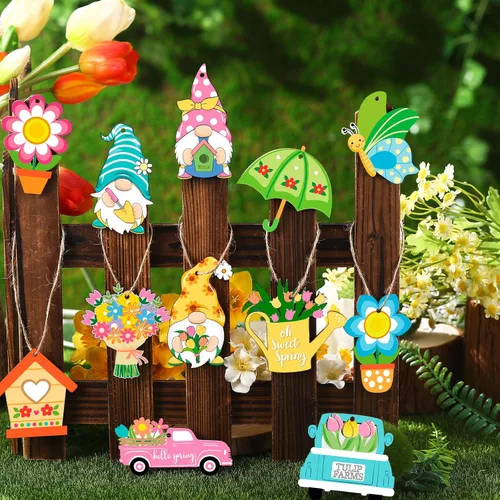 Miniatura 6 de Ferraycle 36 adornos de flores de primavera, adornos florales para árbol de Pascua, tulipanes de madera para colgar, decoraciones de gnomos