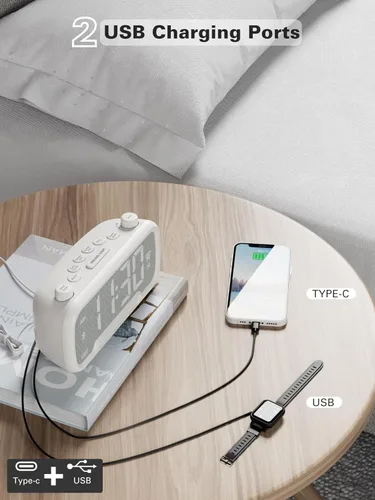 Miniatura 5 de Mesqool Reloj despertador con altavoz Bluetooth, radio FM, reloj despertador para dormitorio con cargadores USB, atenuador y 12/24 horas, Blanco