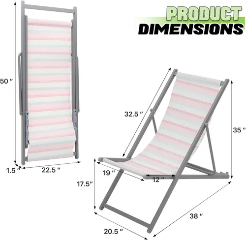 Miniatura 3 de Magshion Juego de 2 sillas plegables de playa, diseño reclinable ajustable de 4 niveles, marco de aluminio ligero, silla portátil al aire libre