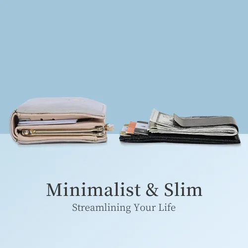 Miniatura 6 de Travelambo Clip para dinero para hombre, de piel, delgado, minimalista, con bloqueo RFID (tejido negro), Cros negros con clip mate, Minimalista