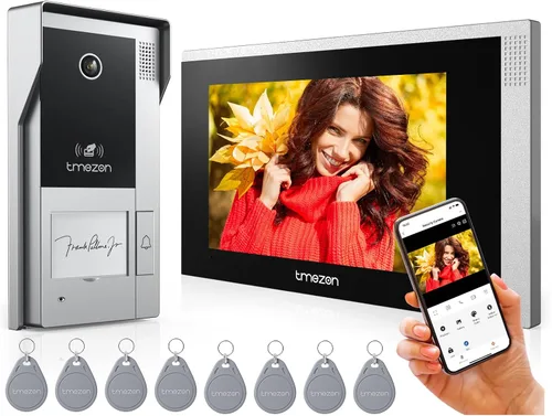 TMEZON Timbre con sistema de videoportero WiFi con cámara y monitor de 7 pulgadas, teléfono IP con cable de video portero 1080P, visión nocturna con