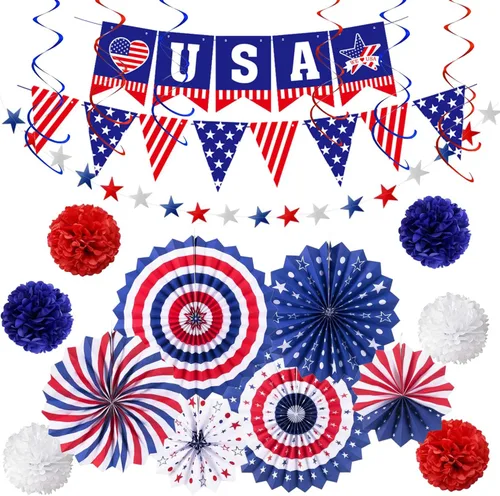 Decoraciones de fiesta patriótica del 4 de julio, 6 abanicos de papel, 6 bolas de flores, 1 bandera de cola de golondrina de Estados Unidos, 1