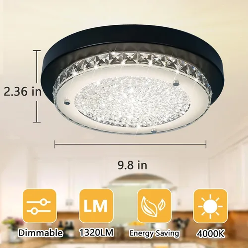 Miniatura 2 de Luz de Techo - Luminaria LED de Montaje al Ras de Cristal Negro de 11 Pulgadas, Moderna, Regulable, para Dormitorio, Luminarias Redondas de Montaje