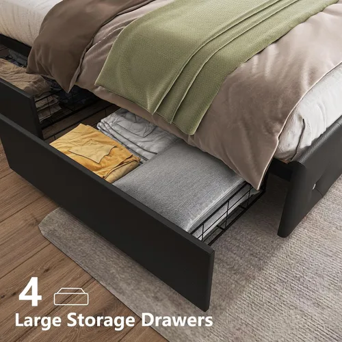 Miniatura 5 de Benevika Base de cama de tamaño completo con 4 cajones y estación de carga, cama tapizada de cuero PU con cabecera LED ajustable, soporte de Negro