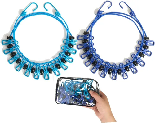 Paquete de 2 tendederos portátiles retráctiles, línea de ropa resistente al viento para acampar al aire libre, viajes, secado de ropa con 12 clips