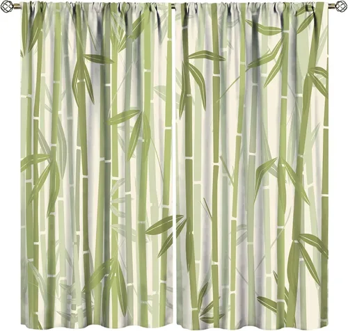 Miniatura 18 de Cortinas con estampado de bambú verde natural, plantas asiáticas, japonesas, tallos rústicos, hojas, cortina de selva con bolsillo para cortinero