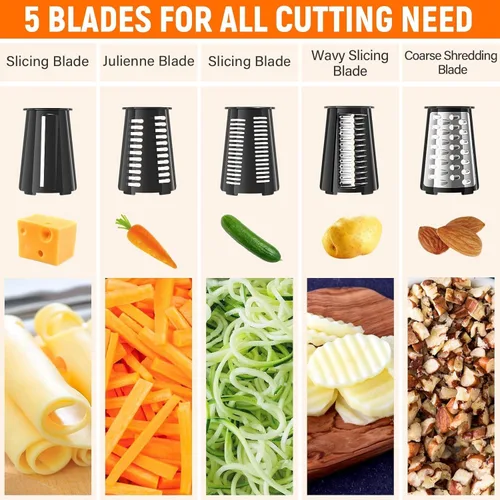 Miniatura 2 de Rallador giratorio de queso con manivela manual con 5 cuchillas intercambiables, picadora de verduras, rebanadora espiralizadora para frutas, Negro