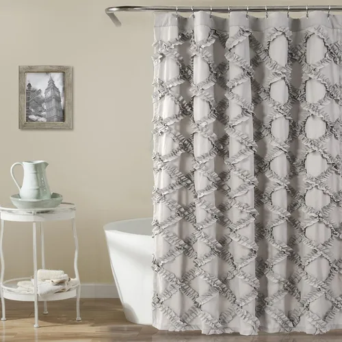 Lush Decor Cortina de Ducha Ruffle Diamond 72"L x 72"A Gris - Cortinas de Ducha de Tela para Baño - Cortina de Baño Gris - Decoración Vintage de