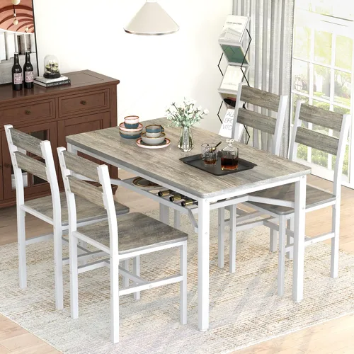 Miniatura 5 de Juego de mesa de comedor Hooseng para 4, juego de mesa y sillas de cocina de madera con almacenamiento, juego de mesa de comedor de 5 piezas