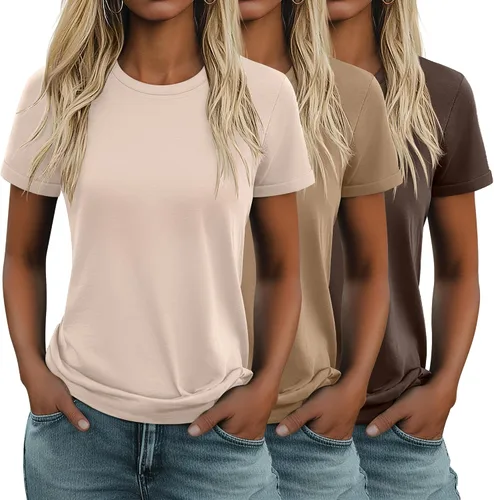 Miniatura 31 de Huukeay Paquete de 3 camisetas de algodón para mujer, estilo casual, de manga corta, cuello redondo, ajuste holgado, básica, lisa