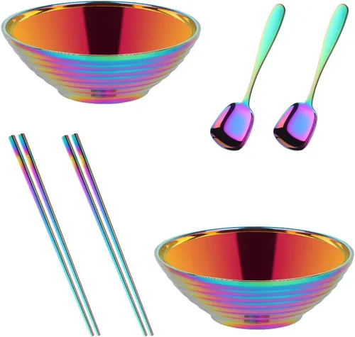 Miniatura 9 de Juego de tazones de sopa de fideos japoneses para ramen, 2 juegos (8 pulgadas) plateados de doble capa de acero inoxidable 18/8 con palillos