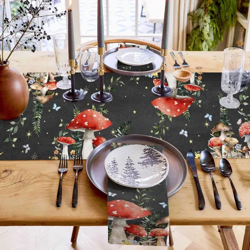 Miniatura 6 de Camino de mesa de lino y algodón con hongos de granja, luna nocturna y estrellas, bufanda negra de 13 x 60 pulgadas, lavable para cocina, comedor